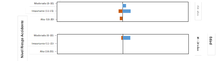 Alto (16-20)  --,Importante (11-15)  --,Alto (16-20)  --,Importante (11-15)  --,Moderado (6-10)  --,Moderado (6-10)  --,>54  años,16 - 24  años,Edad,Nivel Riesgo Accidente