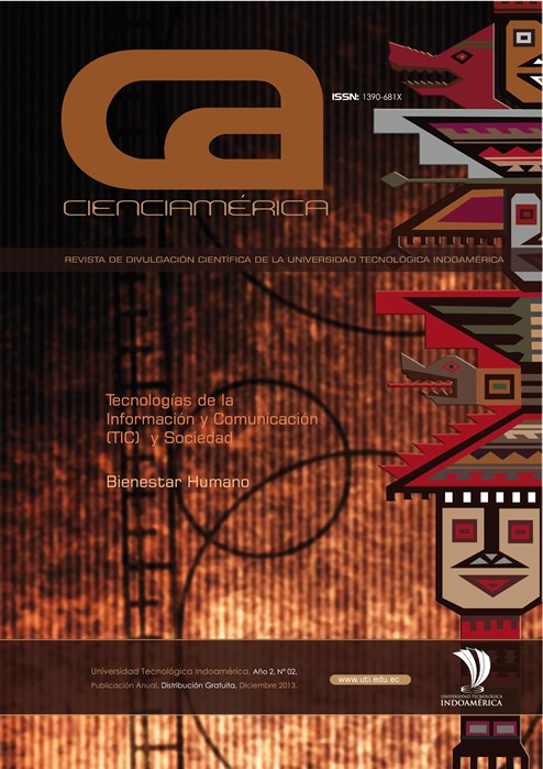 Portada Revista CienciAmérica 2013: se presenta una artesanía con un grabado de un indígena con varios animales, con líneas rectas y figuras romboidales, semejante a los tapetes de las comunidades andinas en color café.